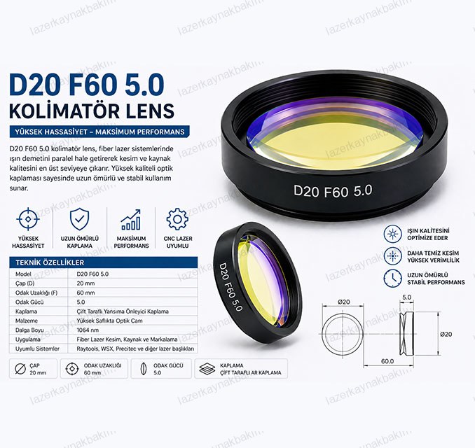 D20 F60 5.0 Fiber Lazer Kolimatör Lens
